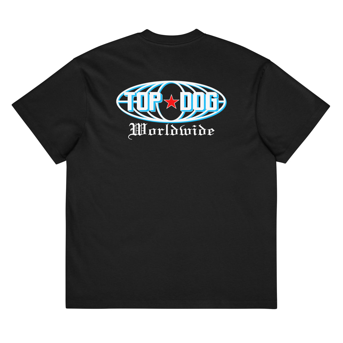 Top Dog Worldwide box tee in black, back view
