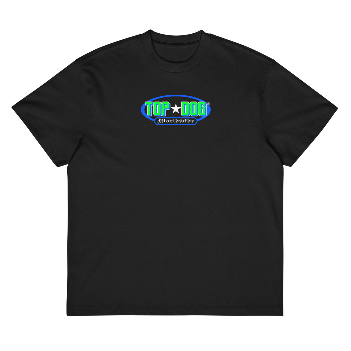 Top Dog Action Green box tee in black, front view