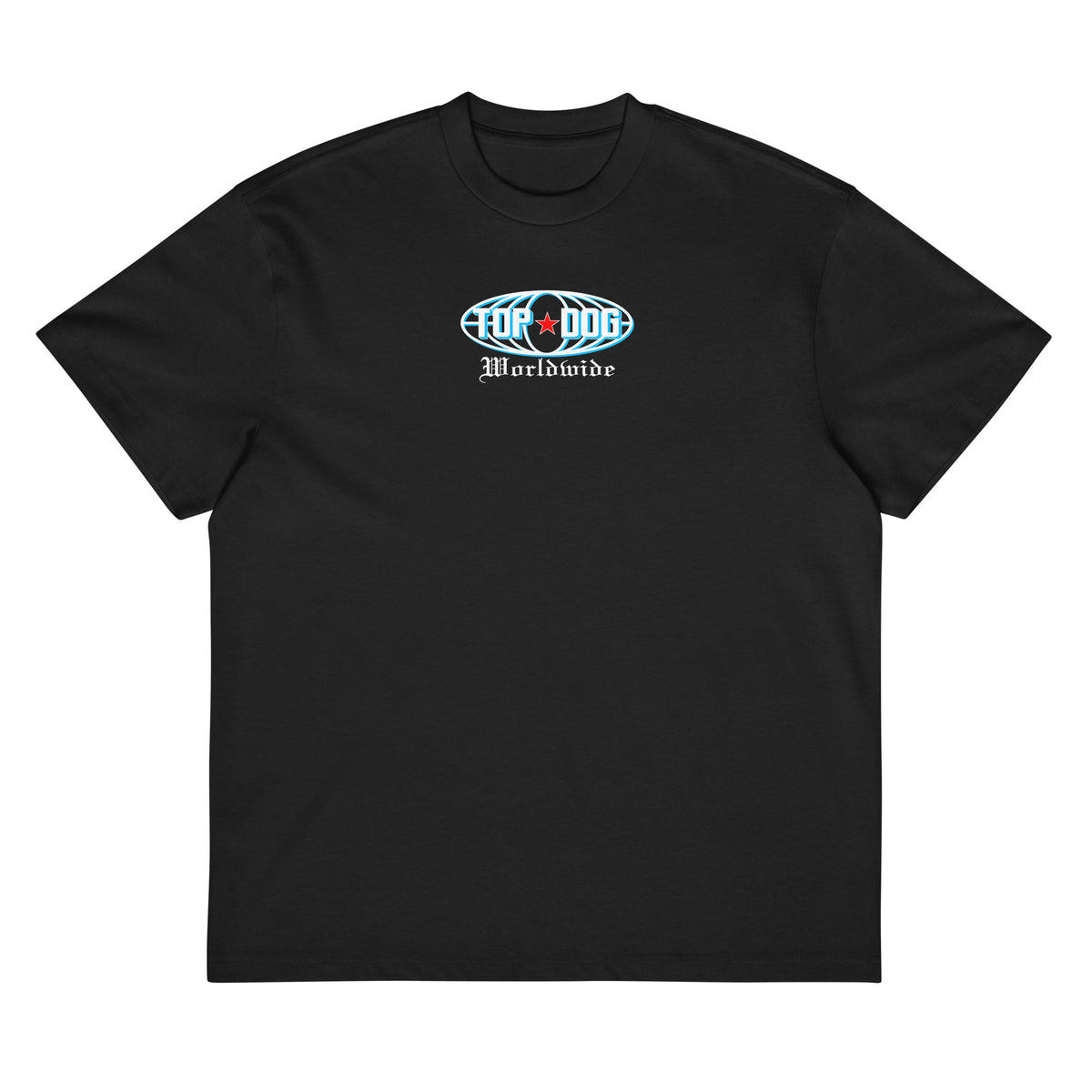 Top Dog Worldwide box tee in black, front view