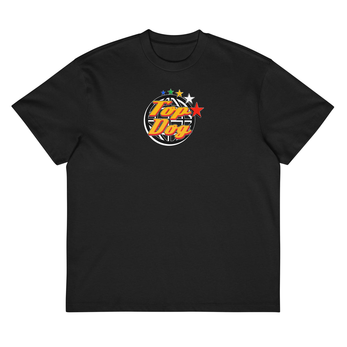 Top Dog Shooting Star box tee in black, front view