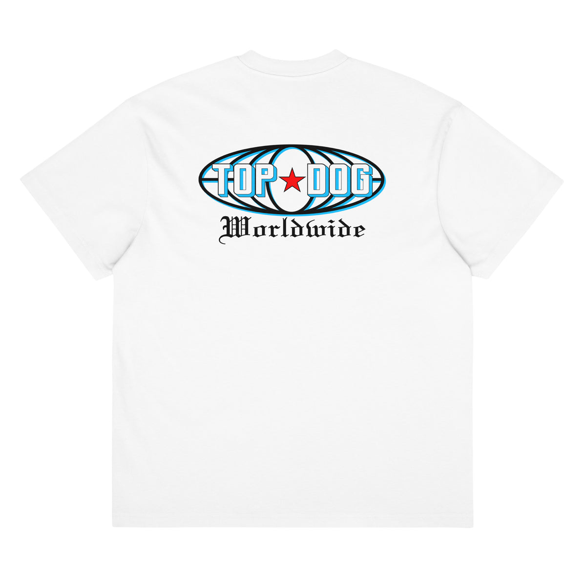 Top Dog Worldwide box tee in white, back view