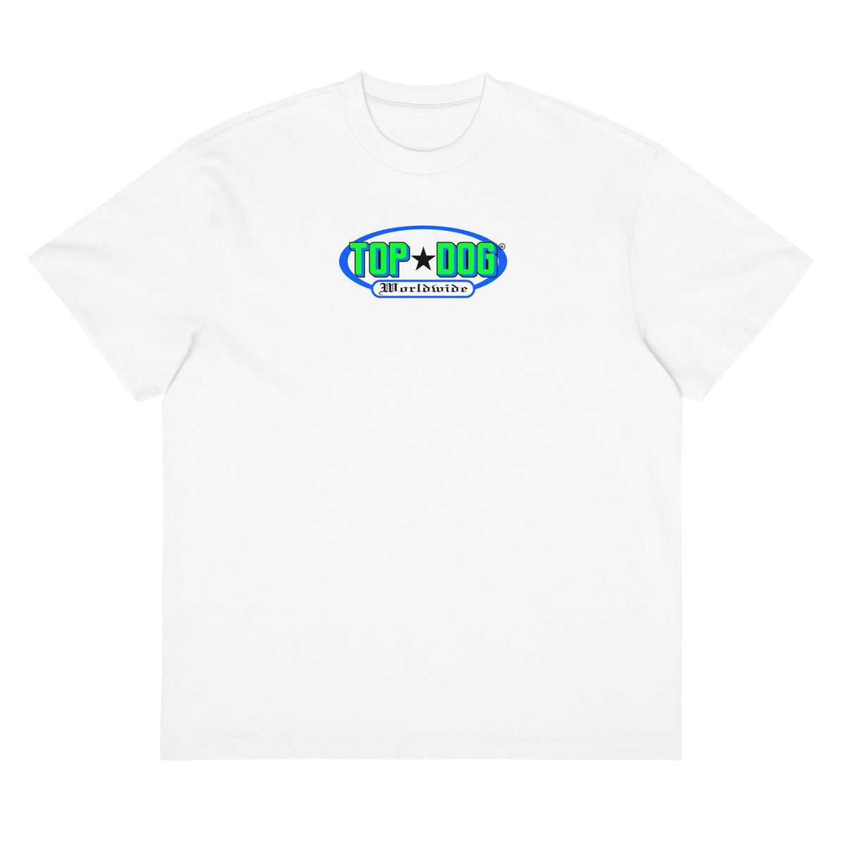 Top Dog Action Green box tee in white, front view