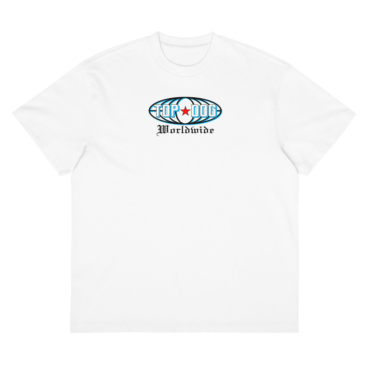 Top Dog Worldwide box tee in white, front view