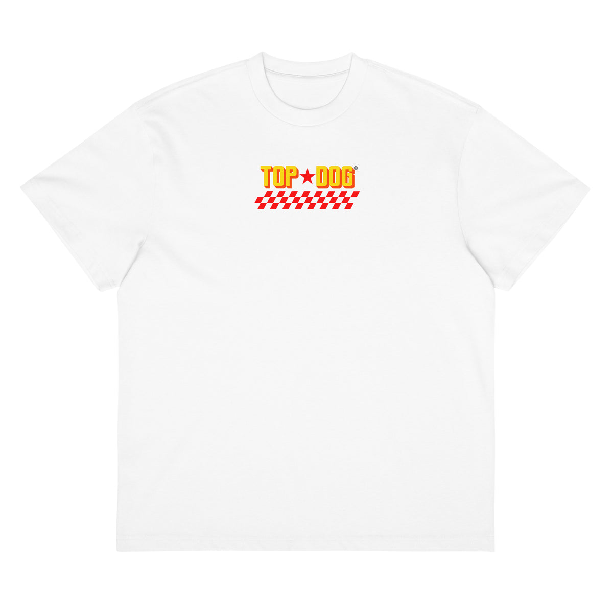 Top Dog Racing box tee in white, front view