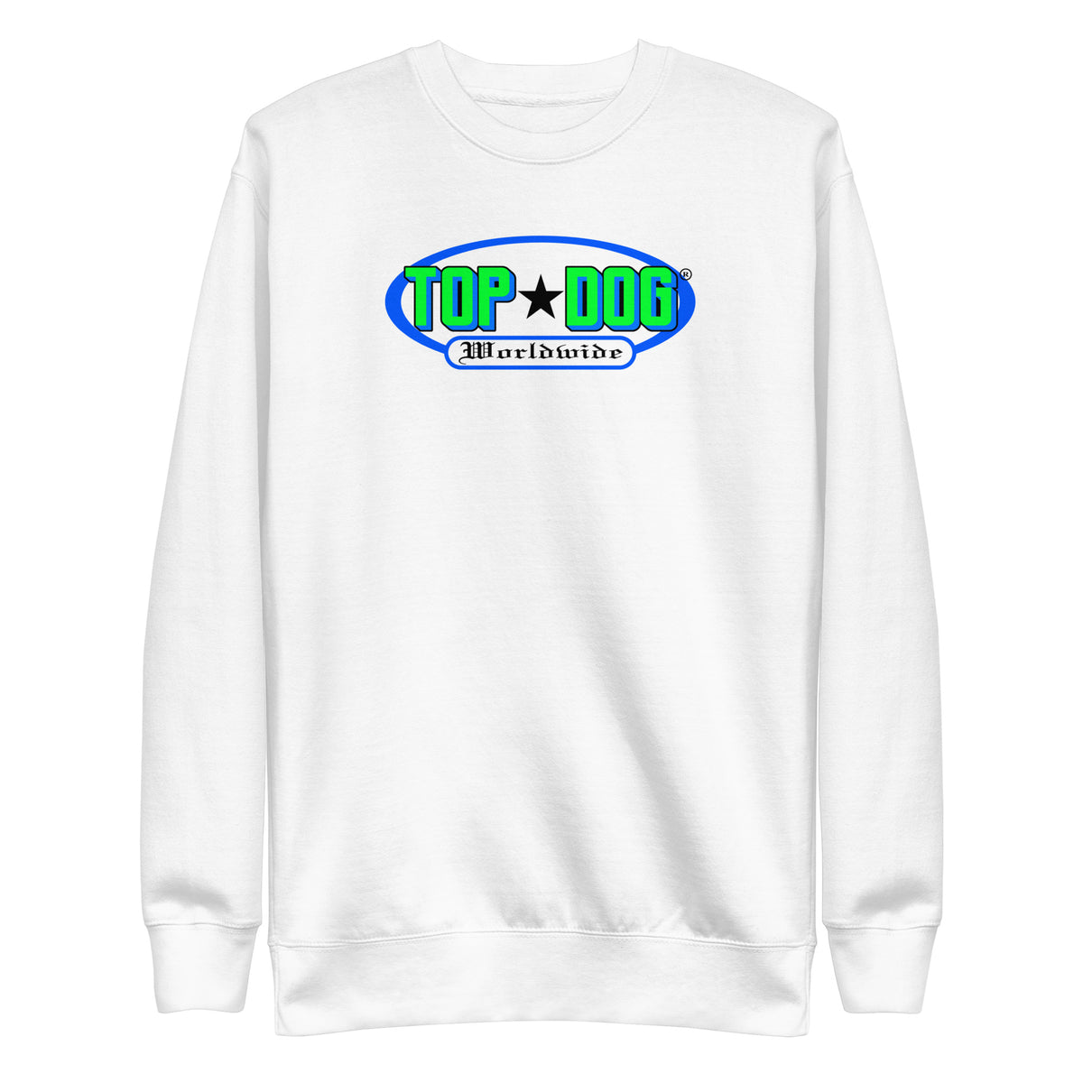 Top Dog Action Green sweater in white, front view